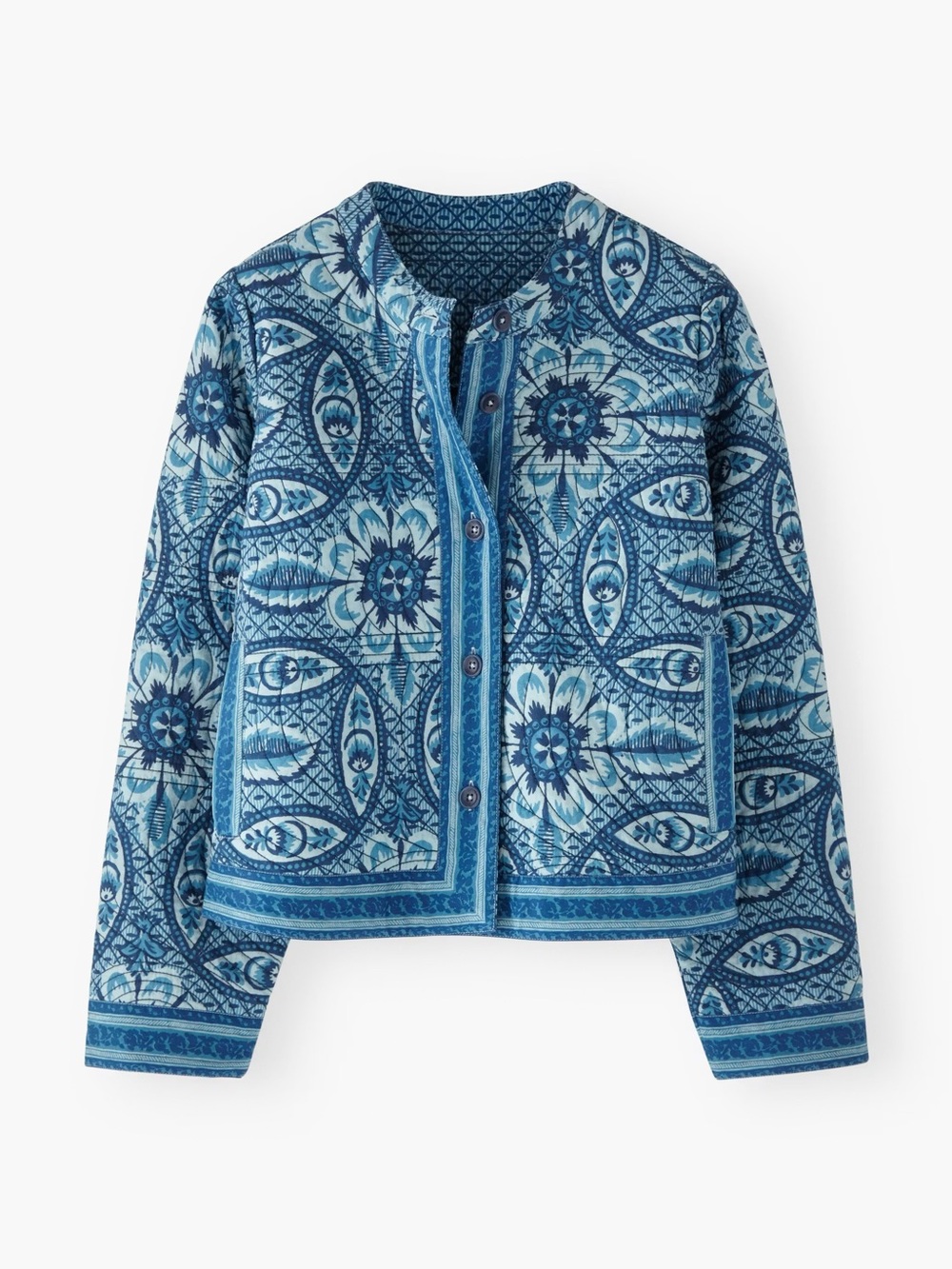 WRAP London size 6 statement printed Blue Quilted Button-Front Jacket